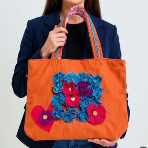 New GARELL Handmade Floral Tote Bag– Appliqué Flowers–Handmade in USA–Boho Chic